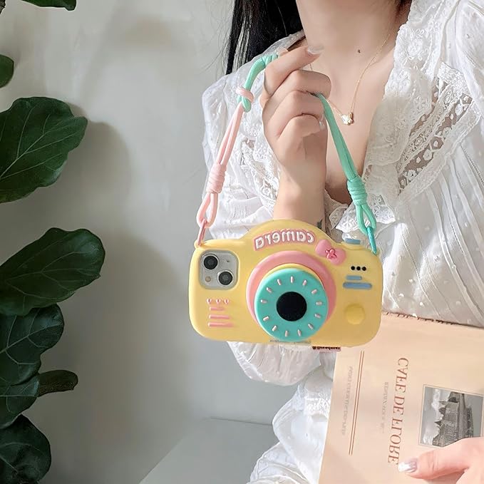 Case for iPhone 15 Pro Max Cute Funny 3D Yellow Cartoon Camera Design with Stand Wrist Strap Kawaii Soft Silicone Slim Shockproof Bumper Cover for Women Girls