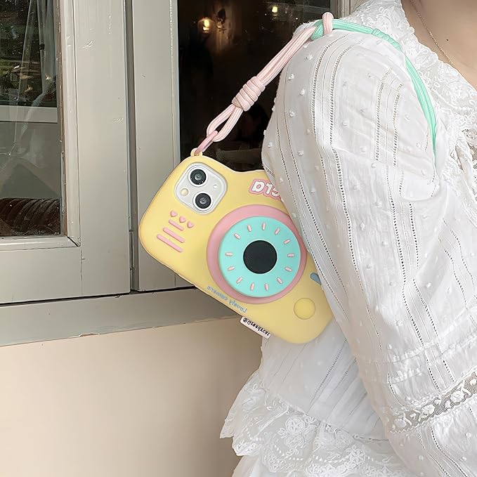 Case for iPhone 15 Pro Max Cute Funny 3D Yellow Cartoon Camera Design with Stand Wrist Strap Kawaii Soft Silicone Slim Shockproof Bumper Cover for Women Girls