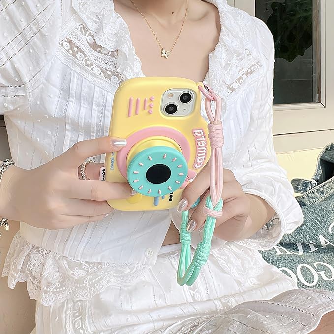 Case for iPhone 15 Pro Max Cute Funny 3D Yellow Cartoon Camera Design with Stand Wrist Strap Kawaii Soft Silicone Slim Shockproof Bumper Cover for Women Girls