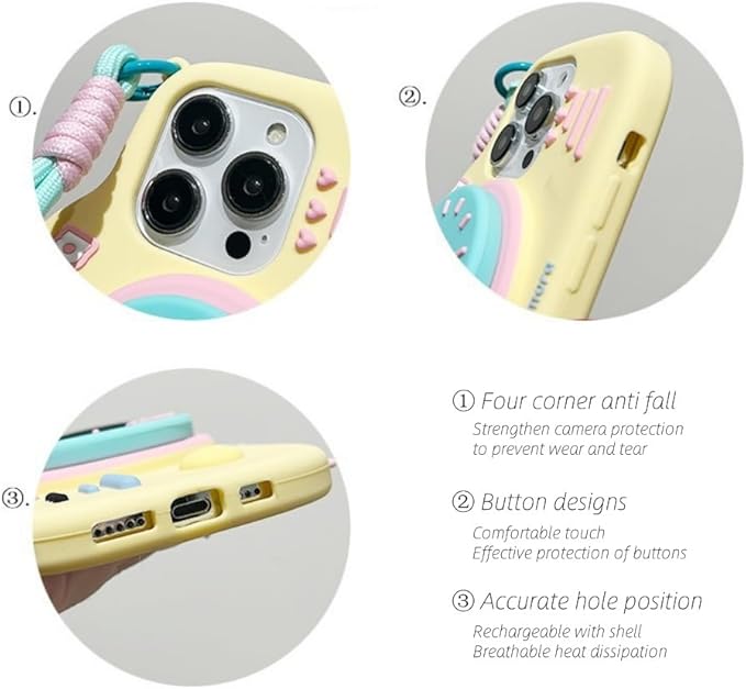 Case for iPhone 15 Pro Max Cute Funny 3D Yellow Cartoon Camera Design with Stand Wrist Strap Kawaii Soft Silicone Slim Shockproof Bumper Cover for Women Girls
