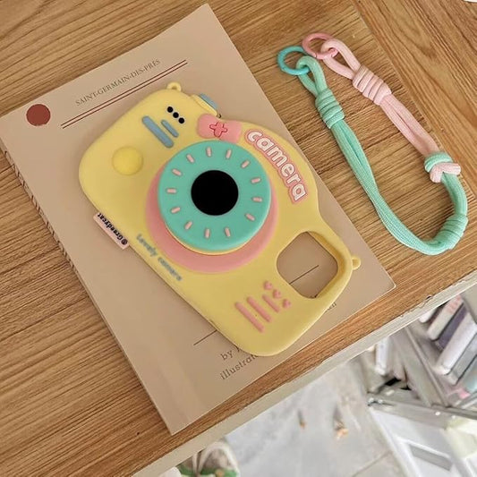 Case for iPhone 15 Pro Max Cute Funny 3D Yellow Cartoon Camera Design with Stand Wrist Strap Kawaii Soft Silicone Slim Shockproof Bumper Cover for Women Girls