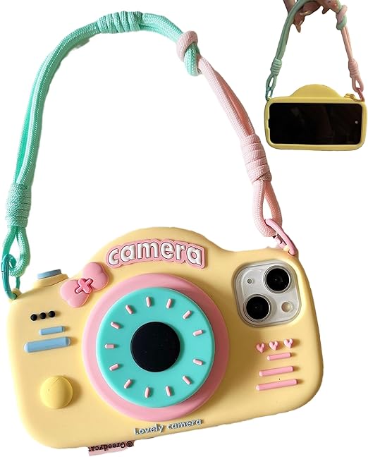 Case for iPhone 15 Pro Max Cute Funny 3D Yellow Cartoon Camera Design with Stand Wrist Strap Kawaii Soft Silicone Slim Shockproof Bumper Cover for Women Girls